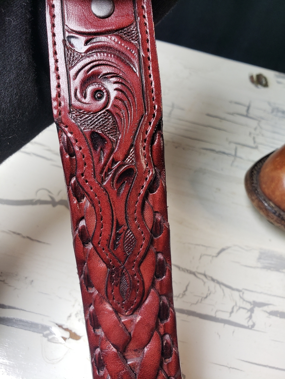 Nocona Hand-Tooled Cowboy Belt style A 542 in Deep Mahogany - size 36 - Picture 11 of 16